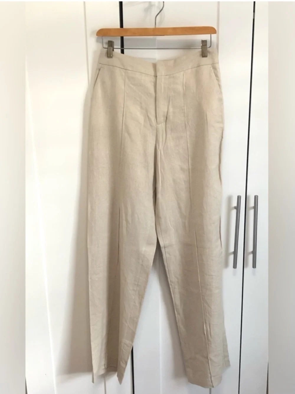 Zara Beige Tailored Straight Leg Linen-Blend Trousers